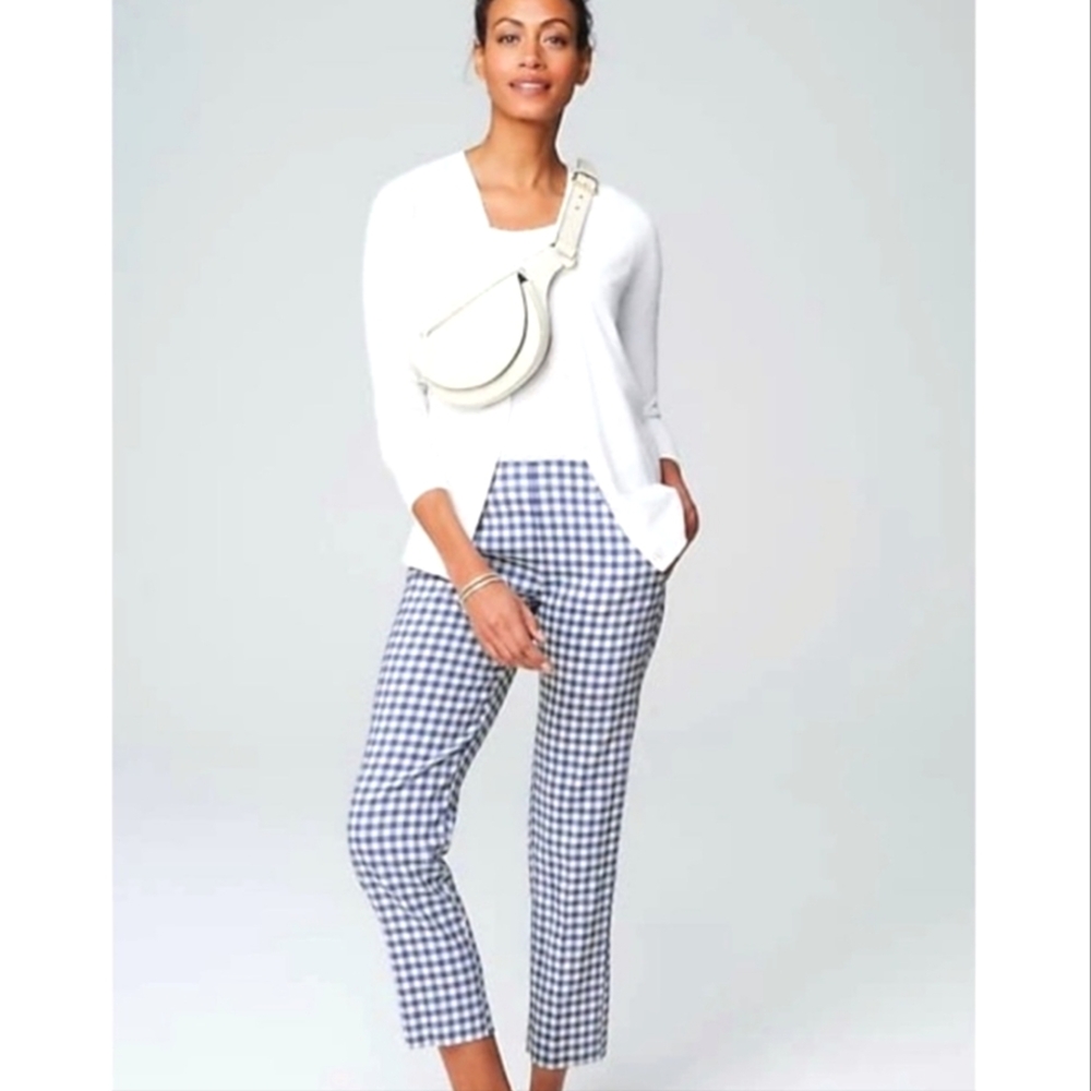 J. Jill Linen-Stretch Slim-Leg Pants Blue & White Gingham Plaid Women's Size S